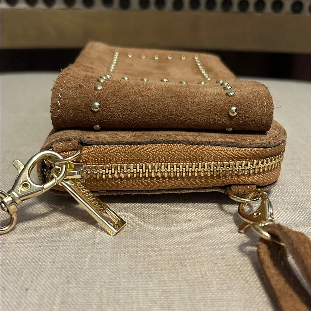 Brown Suede Coastal Cowgirl Studded Wallet with Shoulder Strap